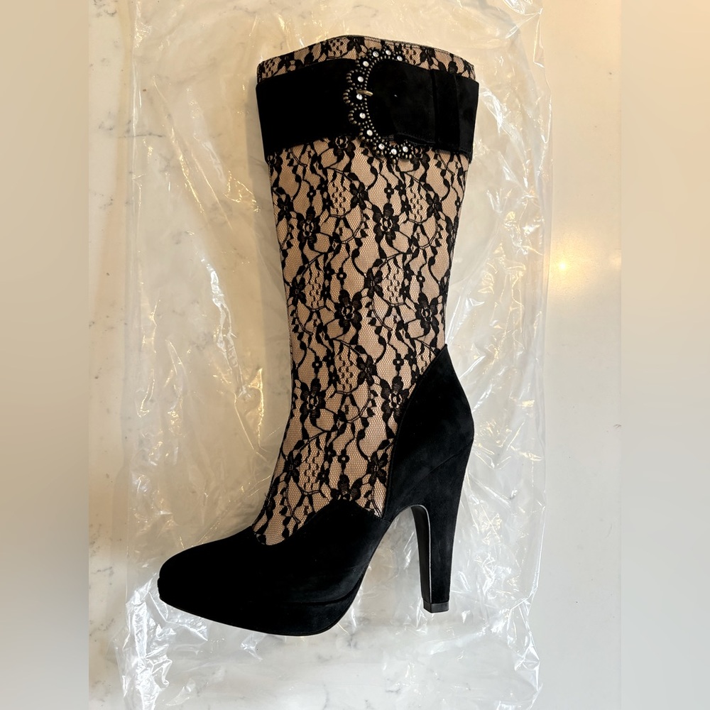 Hale Bob Victorian black nude lace tall boot
